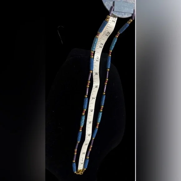 Long Necklace Handcrafted Wood Or Paper w/ Beaded Chain. Blue Boho Approx 26” - Picture 5 of 5